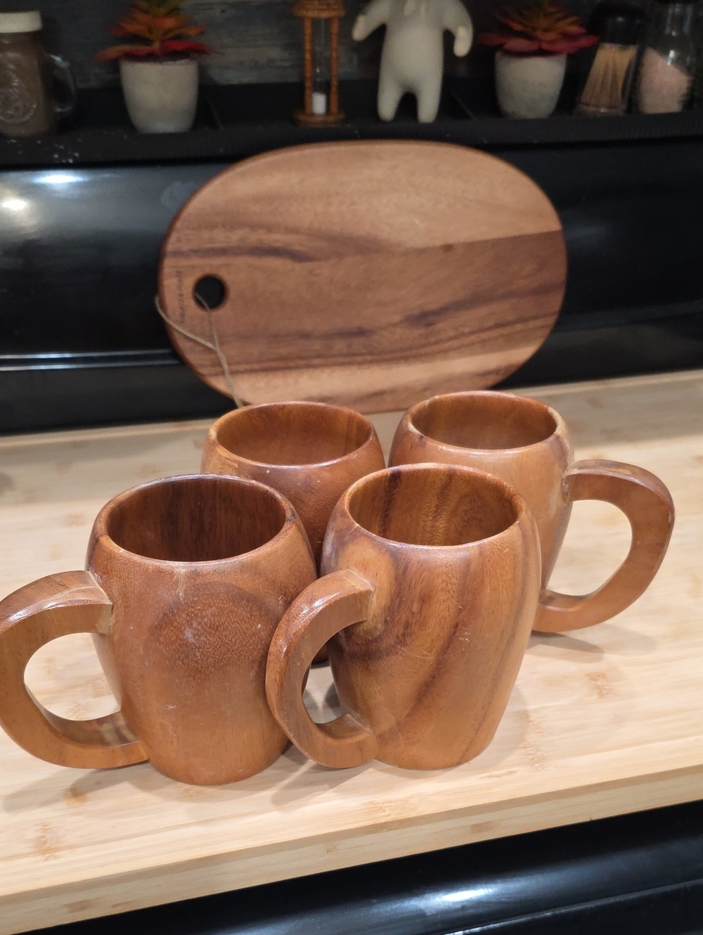 Rustic Wooden Coffee Mug Set - Natural Brown - 4 Pack